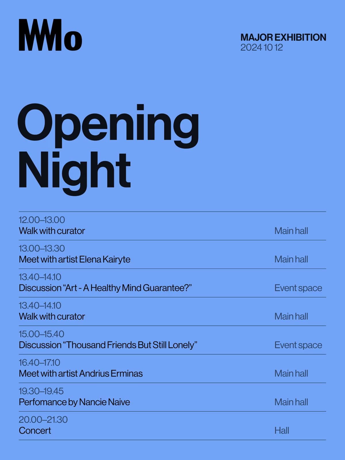 A blue event poster for an exhibition opening night listing a detailed schedule of activities.