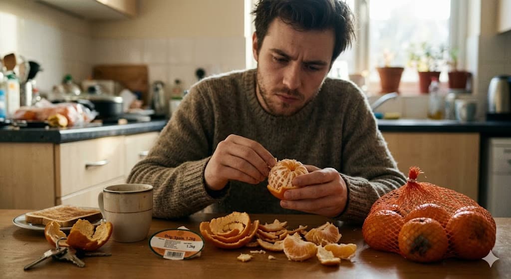 A young man peels a mandarin orange at a kitchen table filled with fruit.