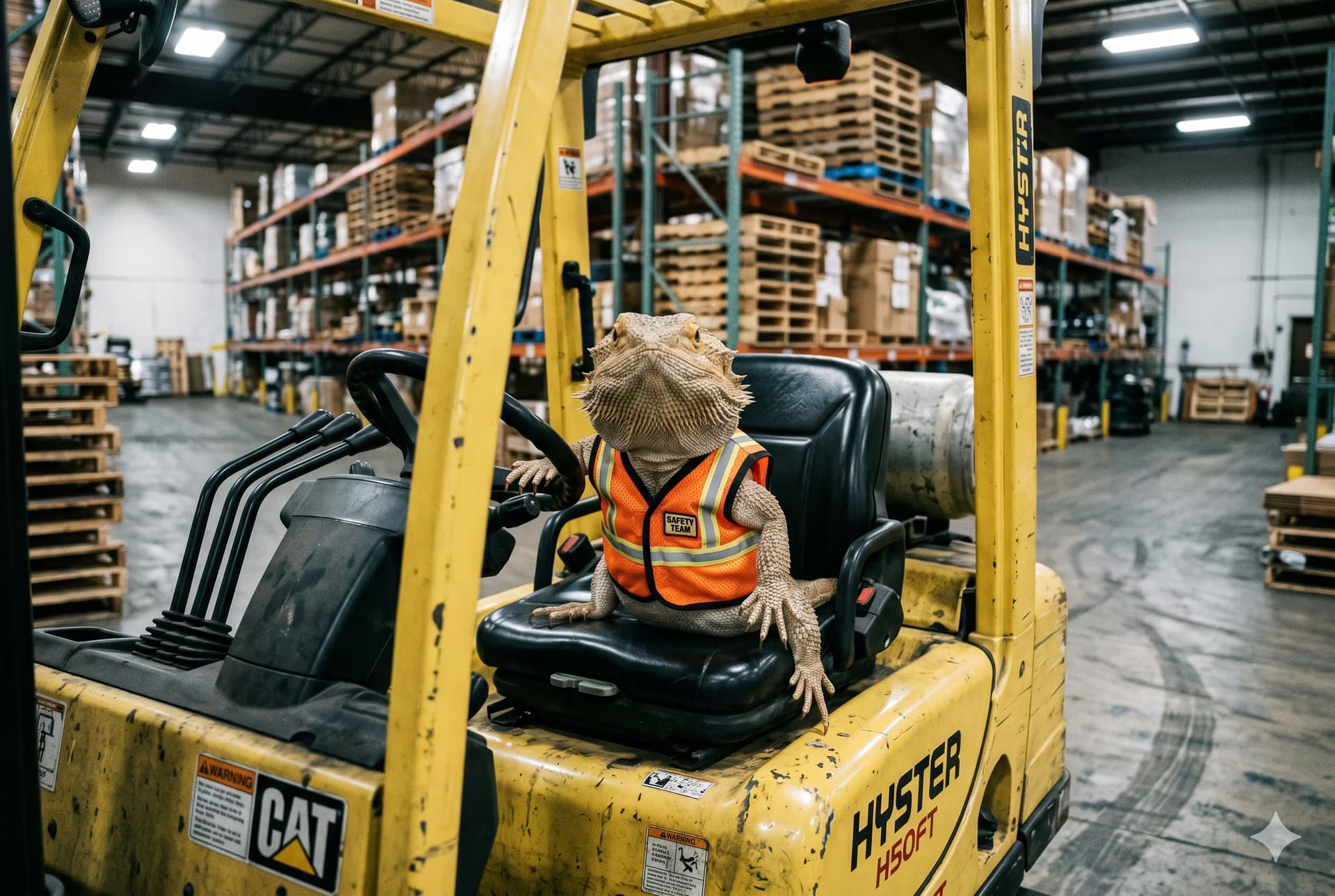 A bearded dragon wearing a safety vest sits inside a yellow warehouse forklift.