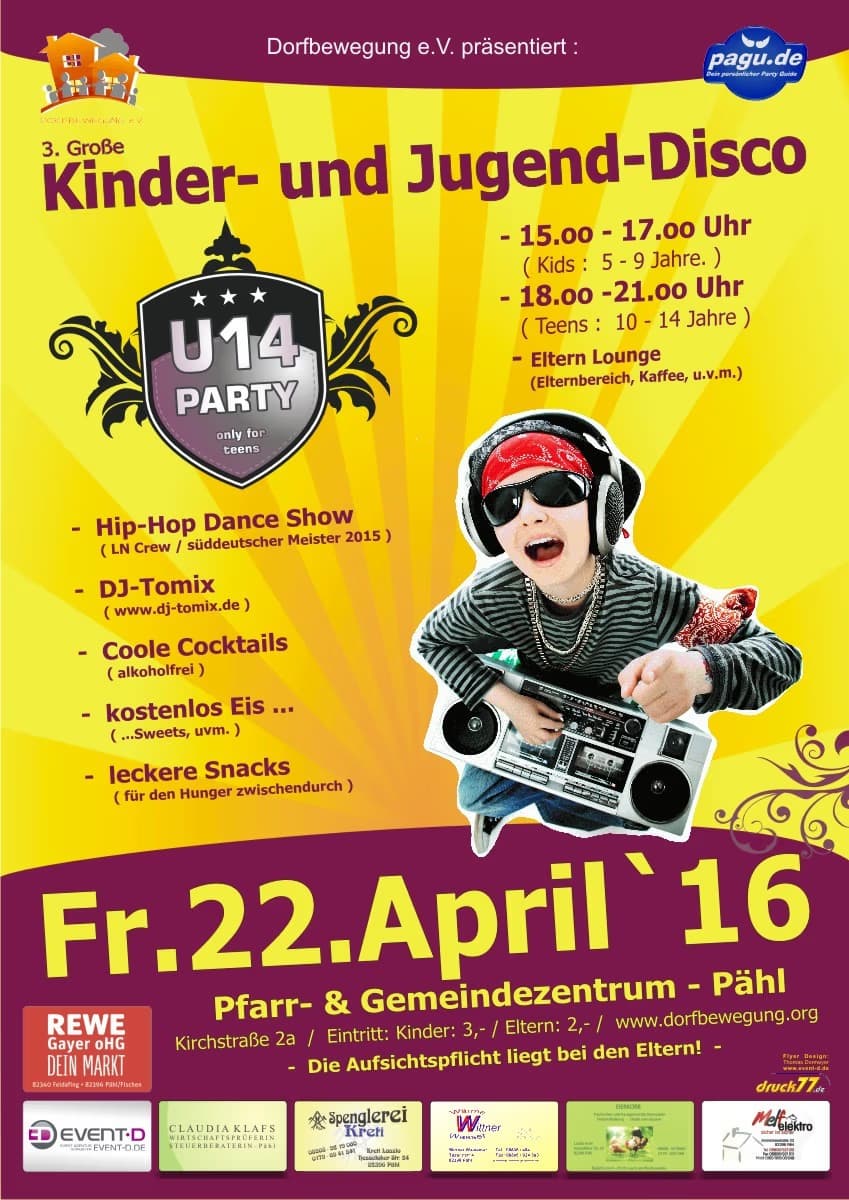Event poster for a kids and youth disco with a cartoon boy holding a boombox.