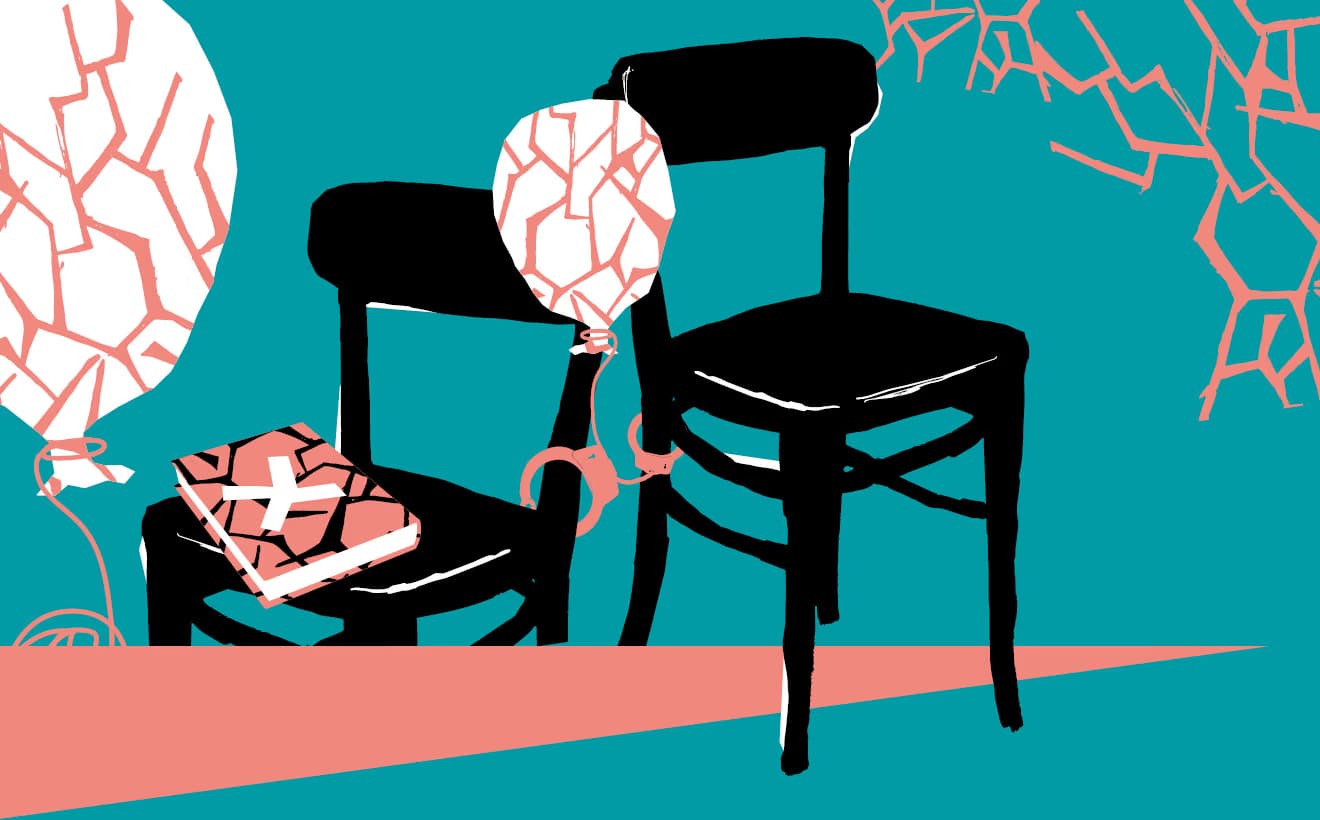 Black chairs are placed on a teal background with a cracked balloon and a book.