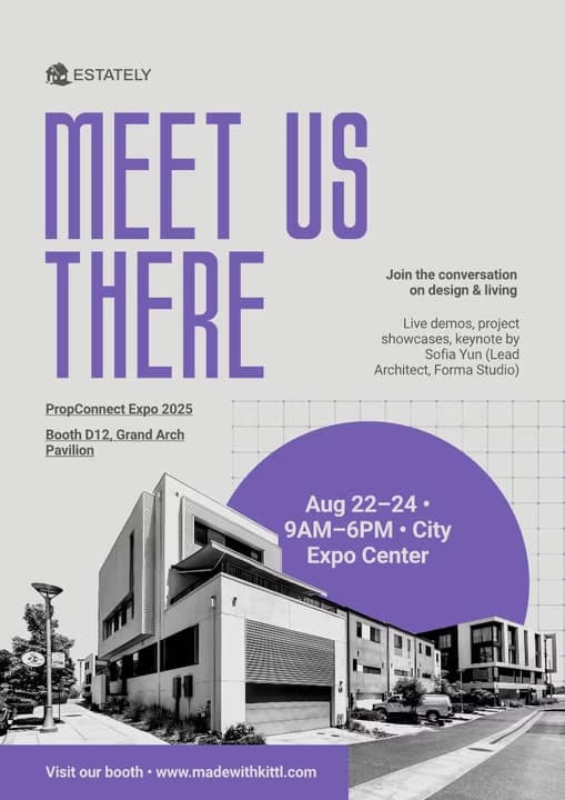 Event flyer for PropConnect Expo 2025 featuring modern architecture, event details, and purple graphic elements.