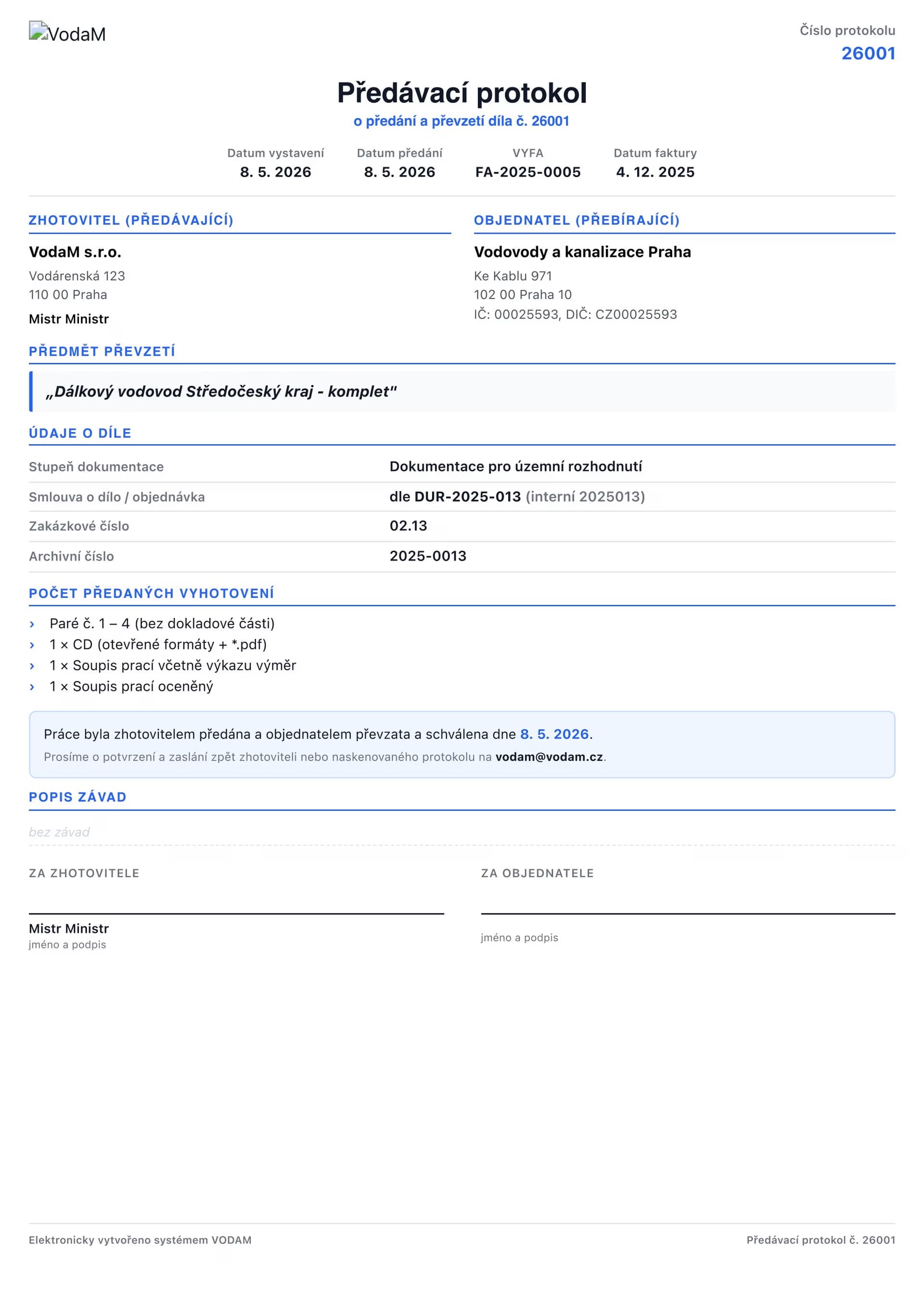 A formal handover protocol document for a water pipeline project with official company header details.