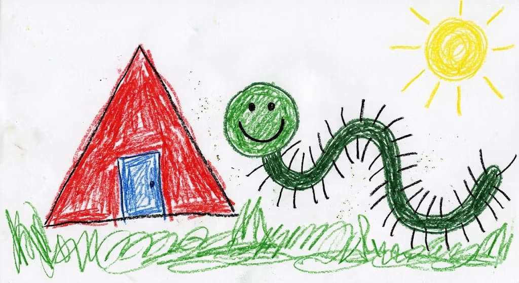 A child's drawing of a red tent, a green centipede, and a yellow sun.