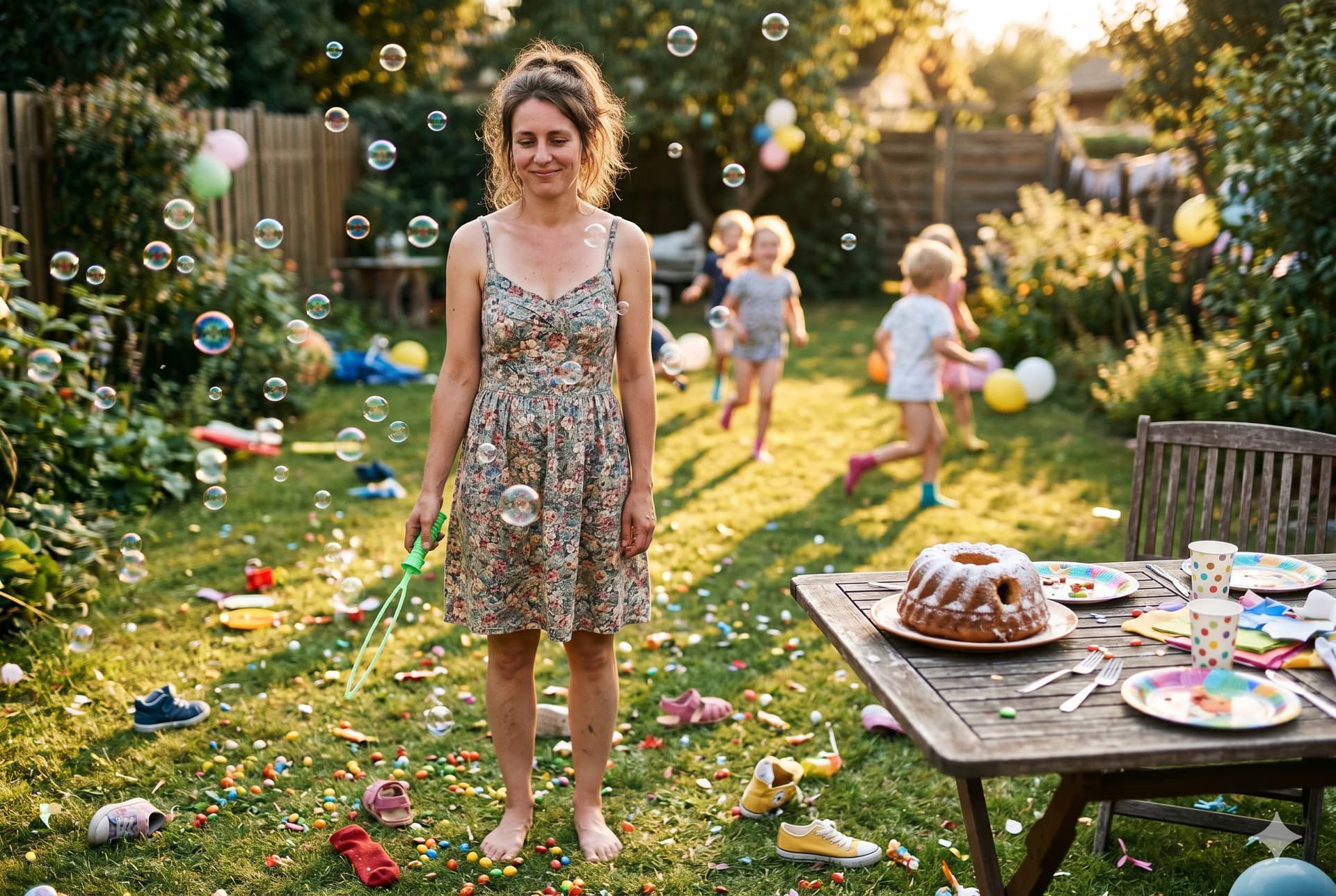 Woman stands in a garden with floating bubbles while children play nearby.